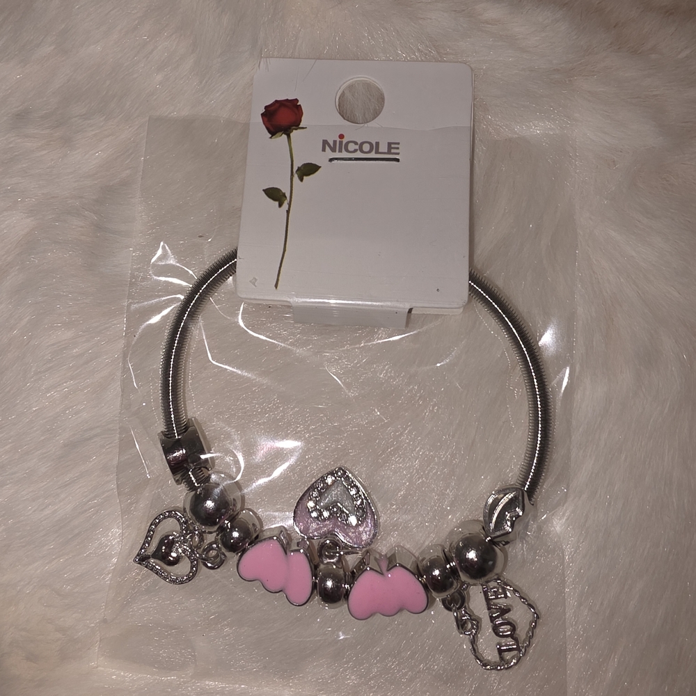 Nicole Silver Bracelet with Pink Charms